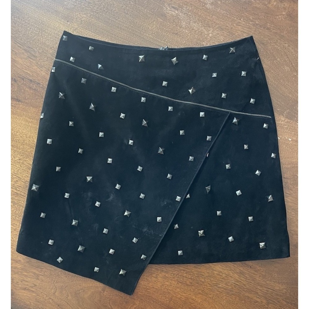 Vtg In Suede Black Leather Skirt Studded Asymmetrical Zip Y2K Festival Grunge 4